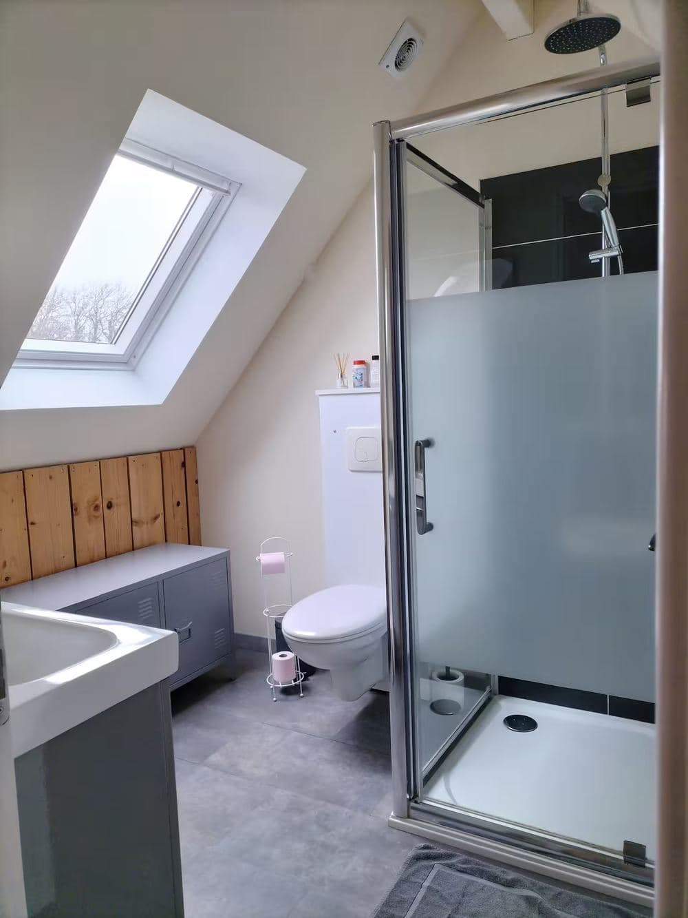 Salle de bain avec douche à l'italienne, WC et fenêtre de toit
